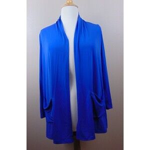 Susan Graver Top Women's Large Blue Liquid Knit Open Front Cardigan Pockets